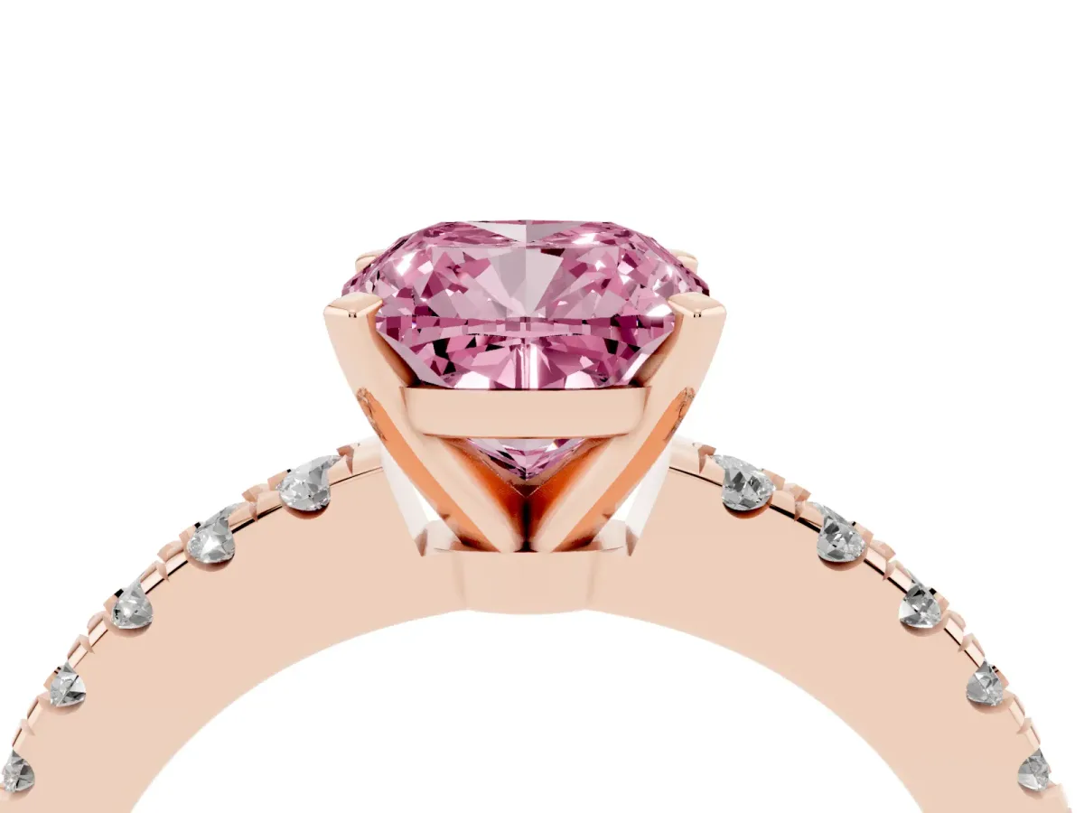 Fancy Pink Cushion Cut Solitaire Diamond with Pavé Band and Four-Prong Setting Rose gold