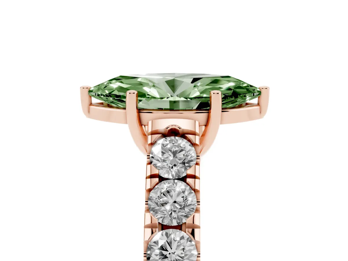 Fancy Green Marquise Cut Cut Diamond Solitaire Ring with Micro Pave Band and Prong Setting Rose gold