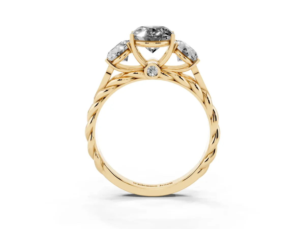 Fancy Black Three-Stone Oval Cut Diamond Braided Band Ring with Four-Prong Setting Yellow gold