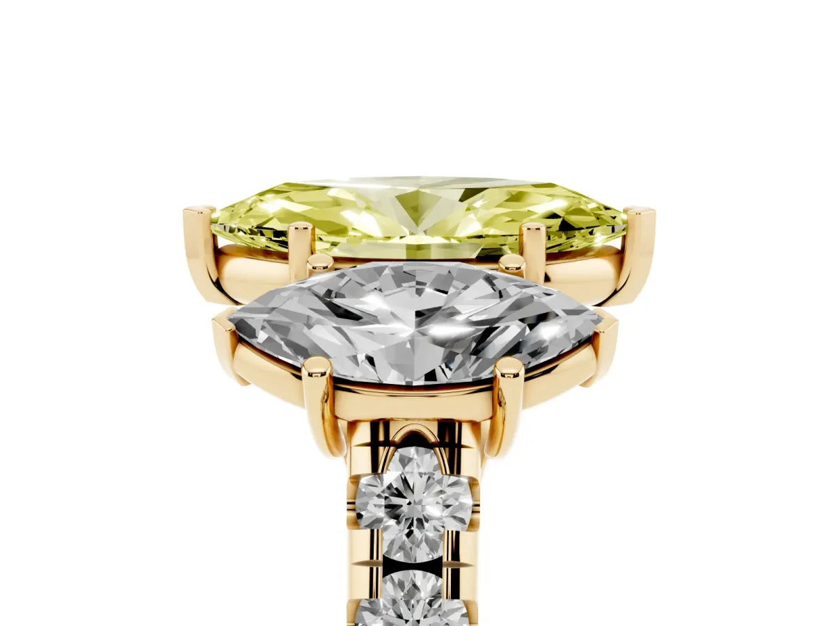 Fancy Yellow Three-Stone Marquise Cut Diamond Pavé Band with Prong Setting Yellow gold