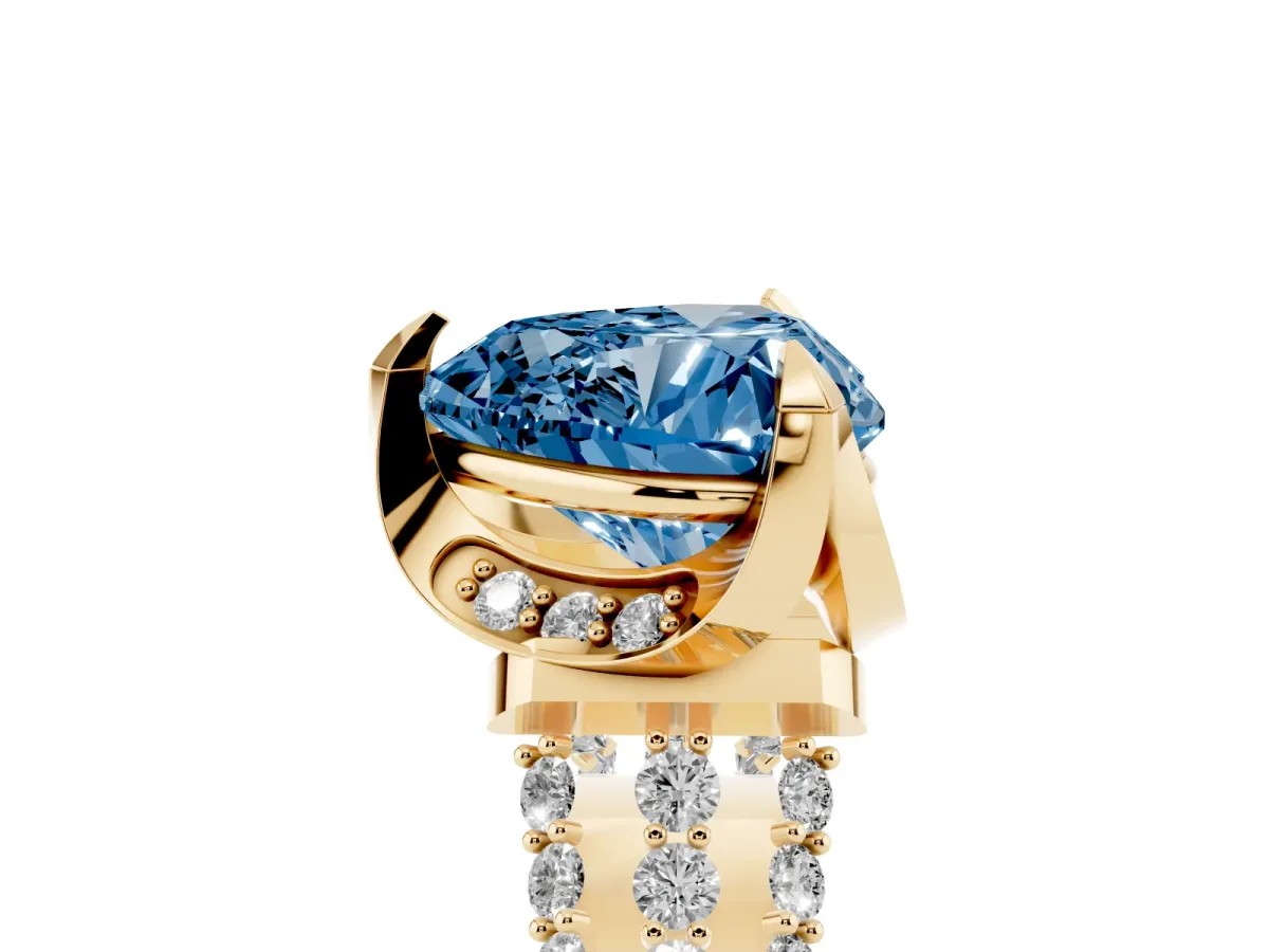 Fancy Blue Heart Cut Solitaire Pave Split Shank Ring with Four-Prong Setting Yellow gold