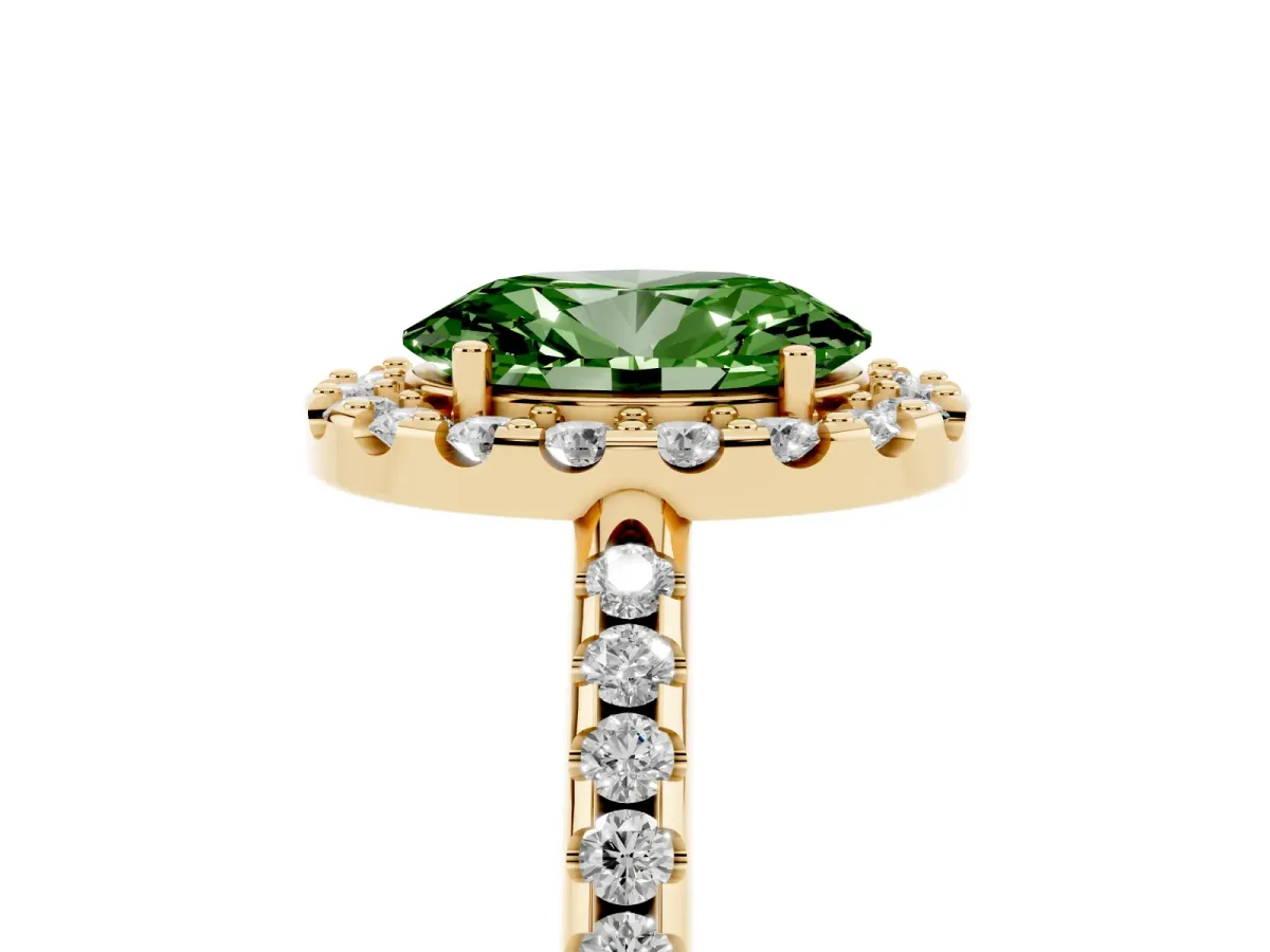 Fancy Green Oval Cut Diamond Pavé Halo Ring with Four-Prong Setting Yellow gold