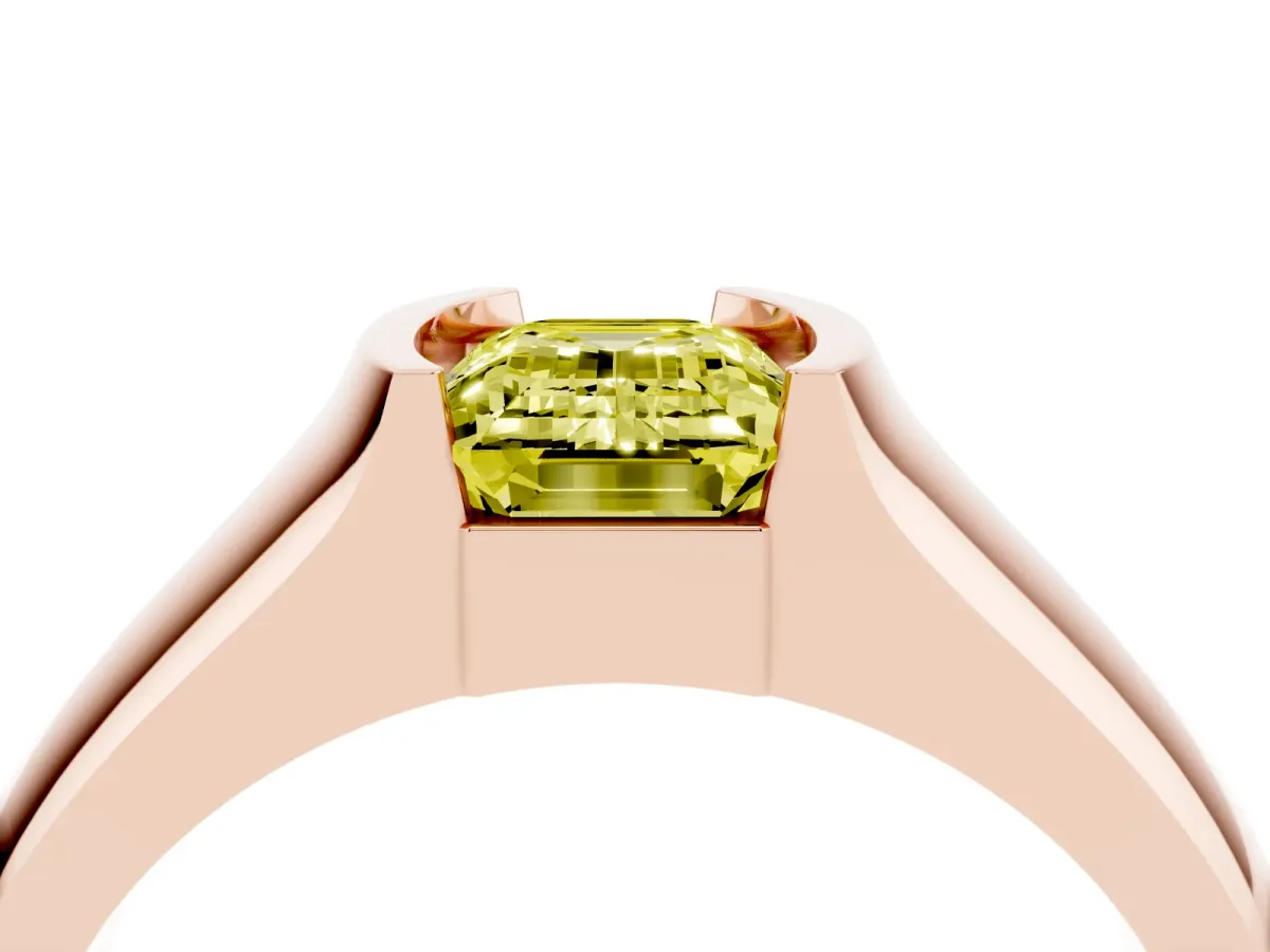Fancy Yellow Emerald Cut Solitaire Bezel Set Diamond Ring with Wide Band Rose gold