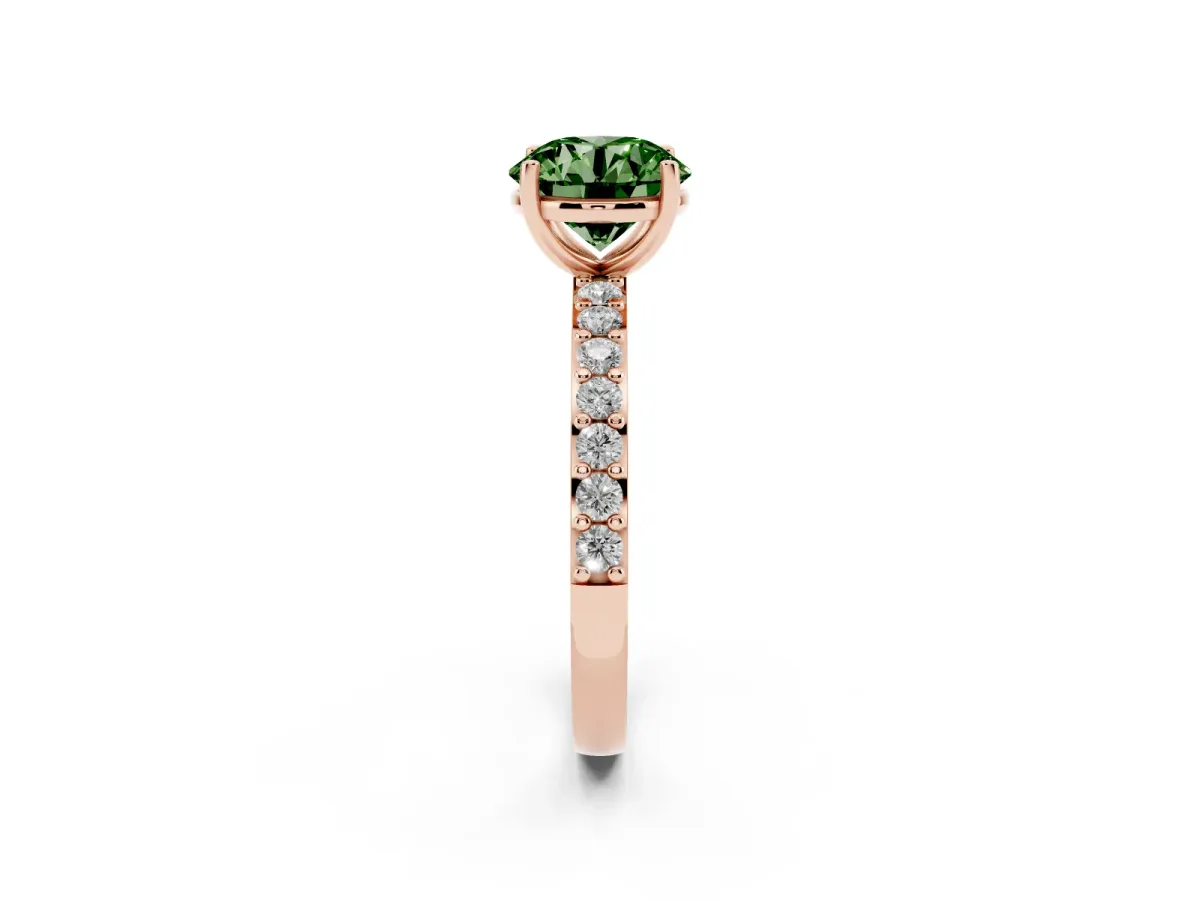 Fancy Green Round Cut Cut Diamond Solitaire with Pave Band and Four-Prong Setting Rose gold