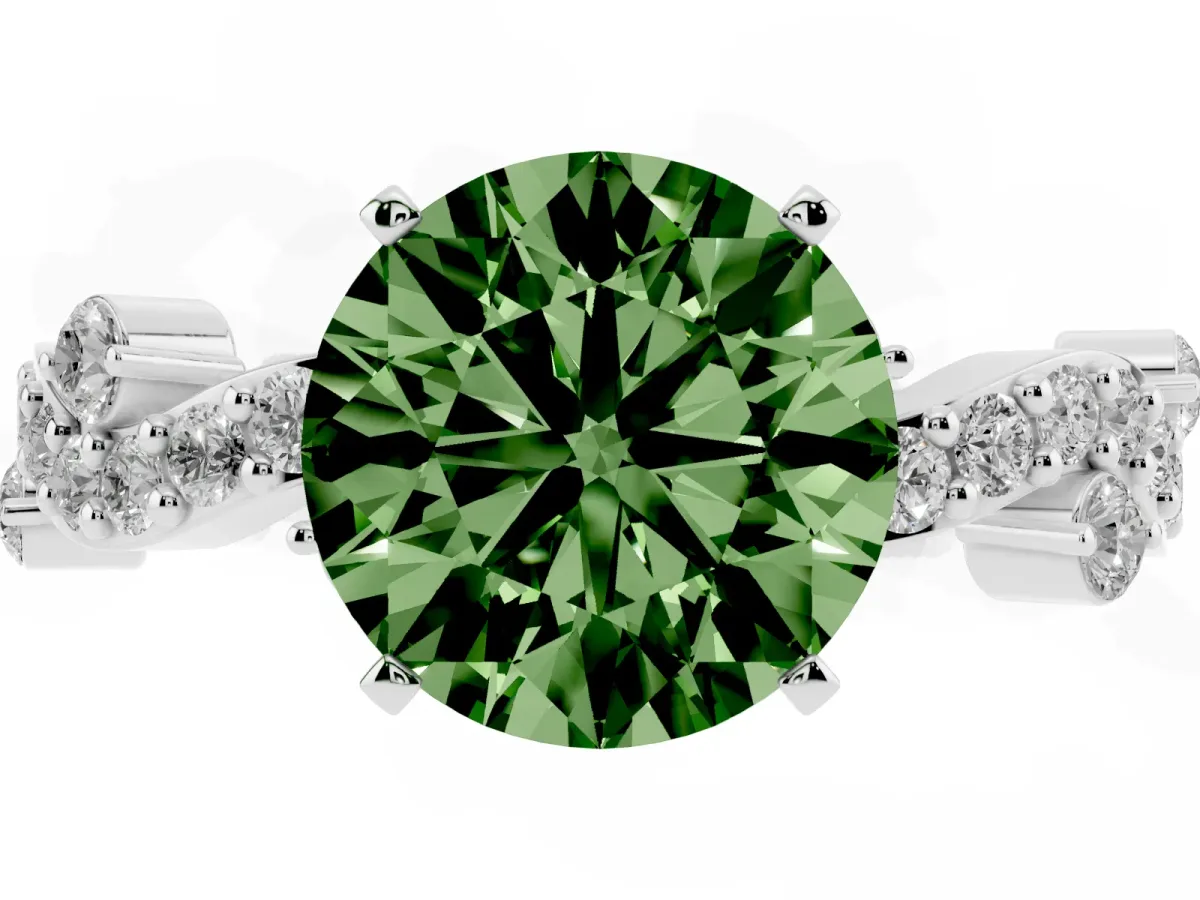 Fancy Green Round Cut Cut Solitaire Diamond Twisted Band with Pave Setting Silver