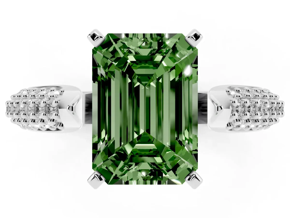 Fancy Green Emerald Cut Diamond Solitaire Engagement Ring with Multi-Row Round Pavé Band and Prong Setting Silver