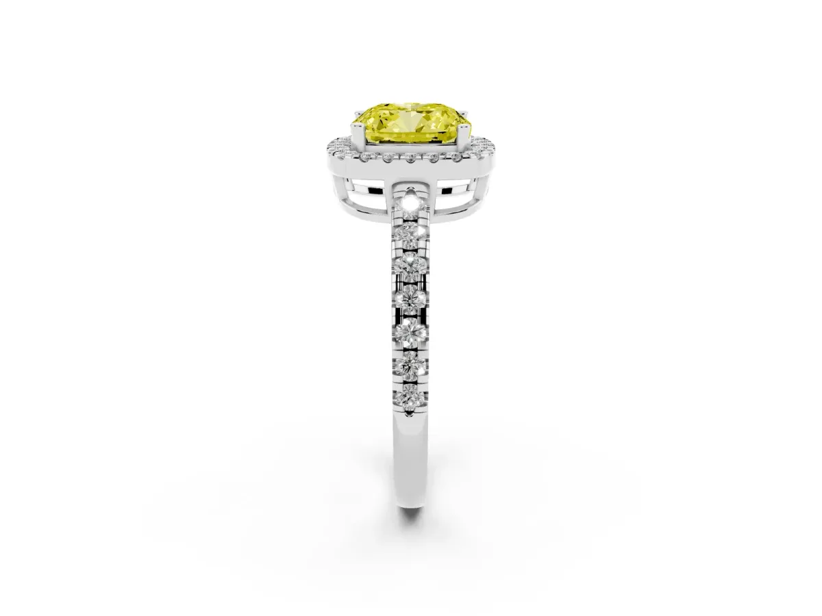 Fancy Yellow Cushion Cut Diamond Halo Ring with Pavé Band and Four-Prong Setting Silver