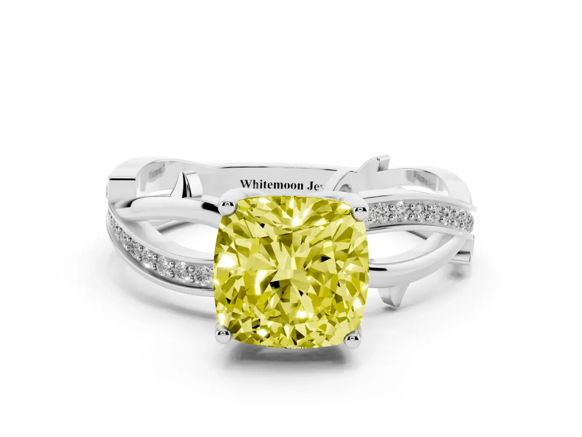 Fancy Yellow Cushion Cut Solitaire Twist Band with Pavé Accents and Four-Prong Setting Platinum
