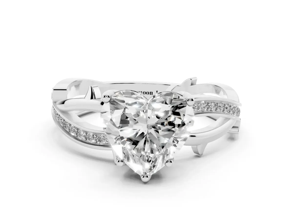 Heart Cut Solitaire Twist Band with Pavé Accents and Four-Prong Setting Silver