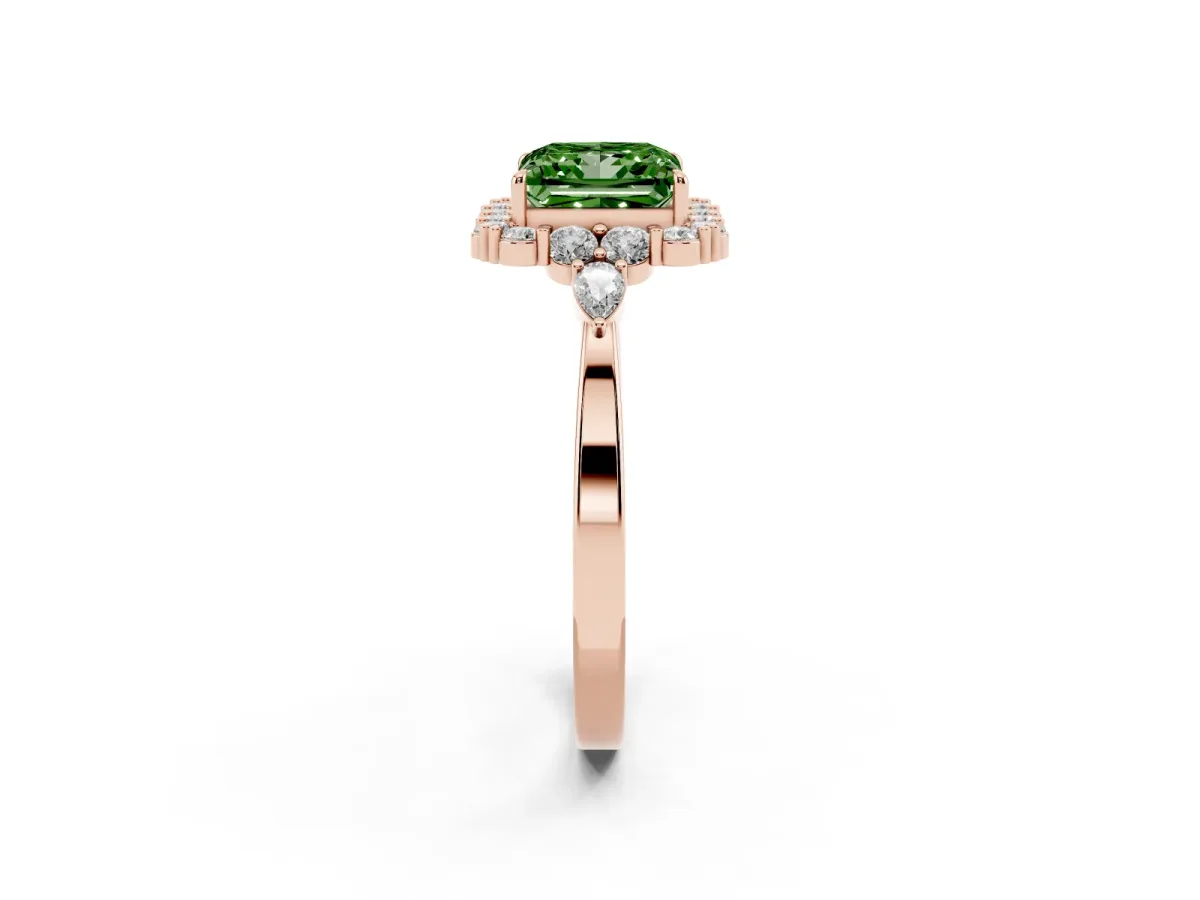 Fancy Green Princess Cut Diamond Halo Ring with Pear Side Stones and Prong Setting Rose gold