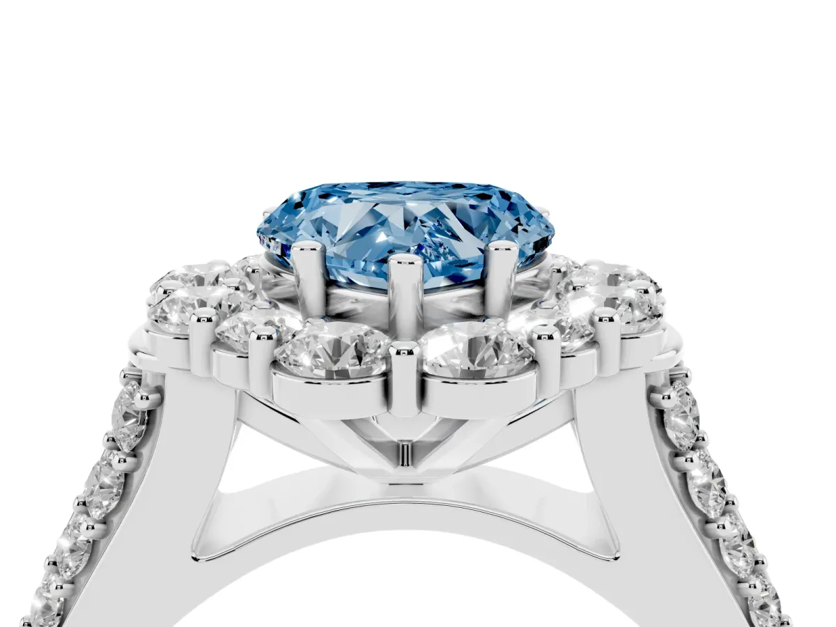 Fancy Blue Heart Cut Halo Diamond Engagement Ring with Split Shank and Prong Setting Silver