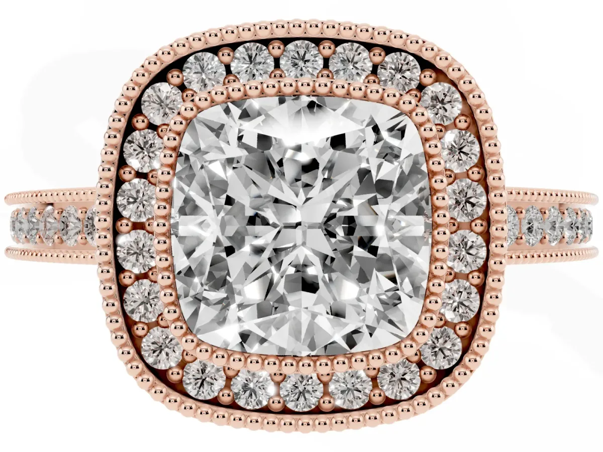 Cushion Cut Cut Halo Diamond Ring with Pavé Band and Milgrain Prong Setting Rose gold