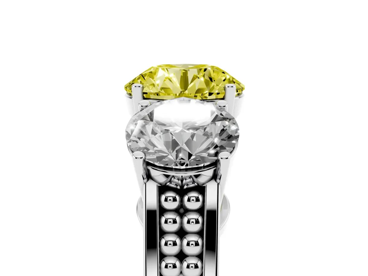 Fancy Yellow Round Cut Diamond Three-Stone Ring with Prong Setting and Textured Band Silver