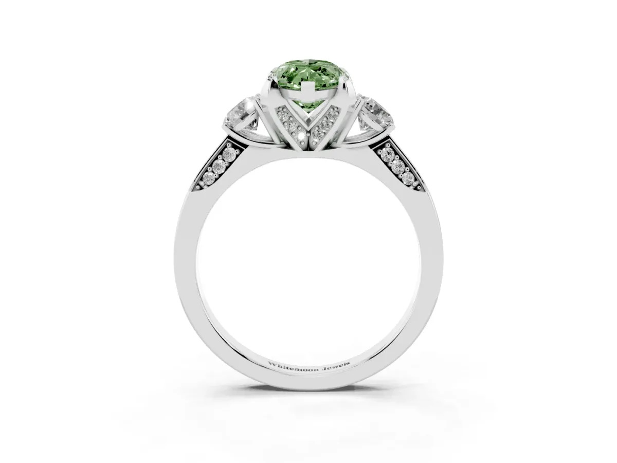 Fancy Green Marquise Cut Brilliant Three-Stone Diamond Ring with Pavé Band and Four-Prong Setting Silver