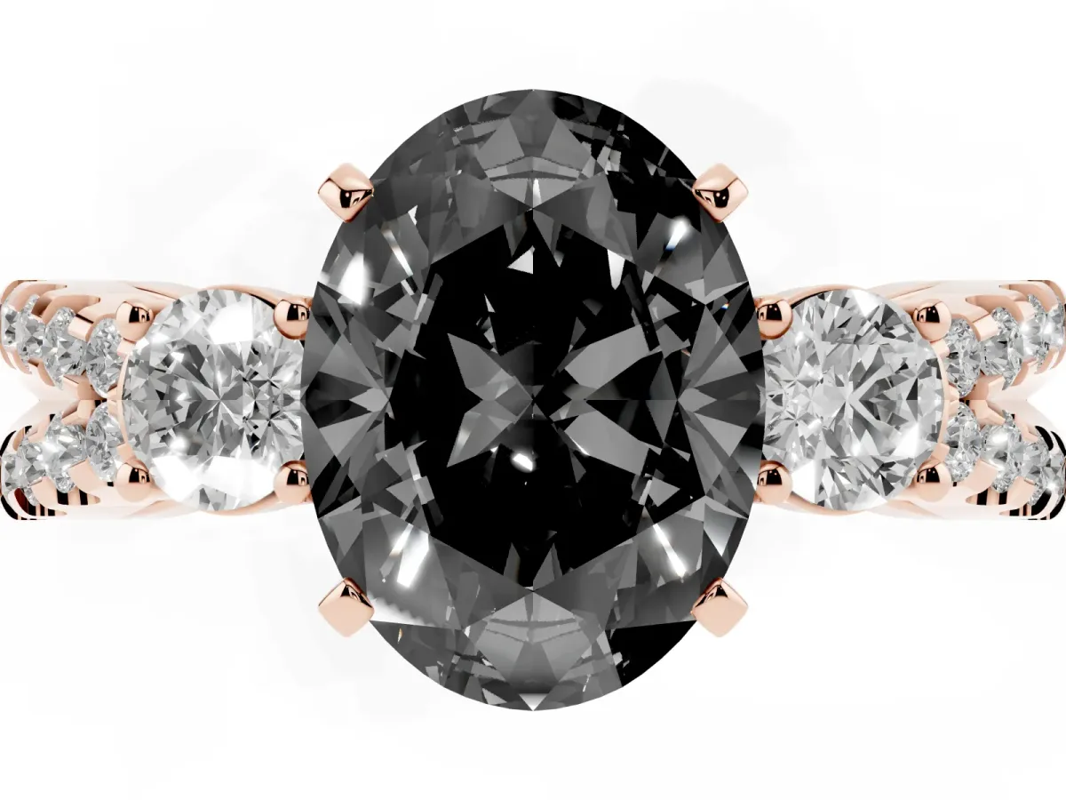 Fancy Black Oval Cut Diamond Three-Stone Ring with Pavé Split Shank and Four-Prong Setting Rose gold