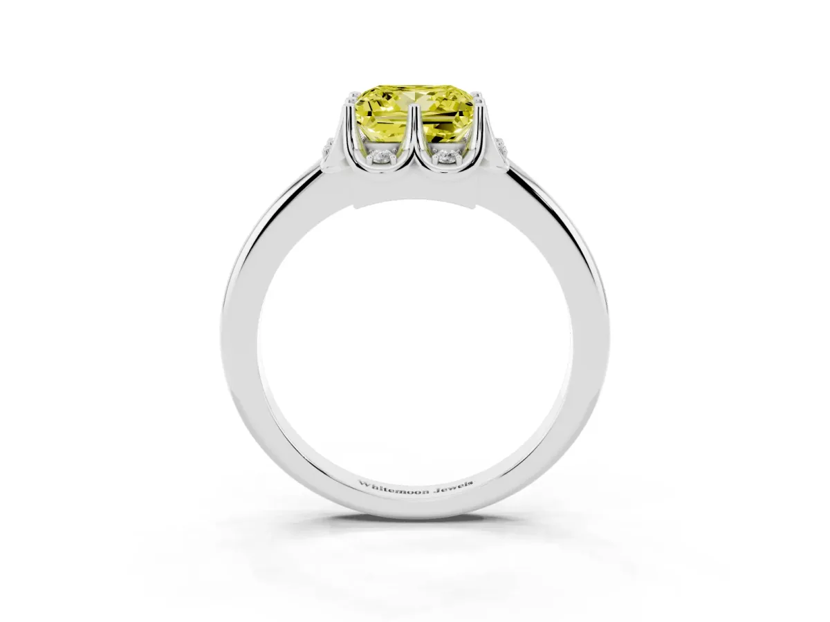 Fancy Yellow Princess Cut Halo Diamond Ring with Round Cluster Setting, Solitaire Band, and Four-Prong Setting Silver