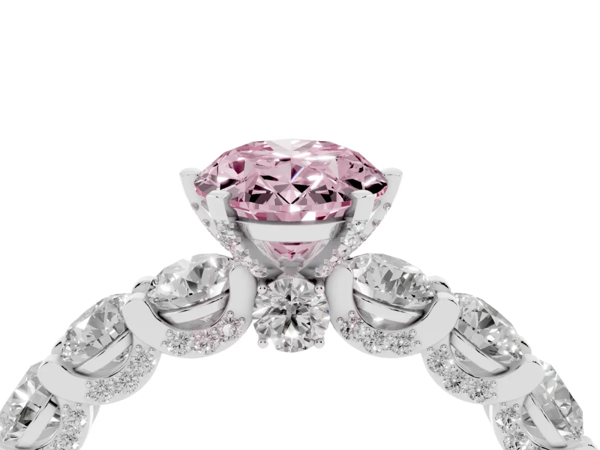 Fancy Pink Oval Cut Diamond Side Stone Engagement Ring with Four-Prong Setting Silver