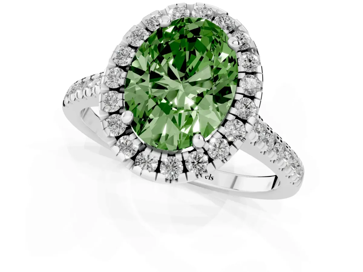 Fancy Green Oval Cut Diamond Cushion Halo Ring with Pavé Band Platinum
