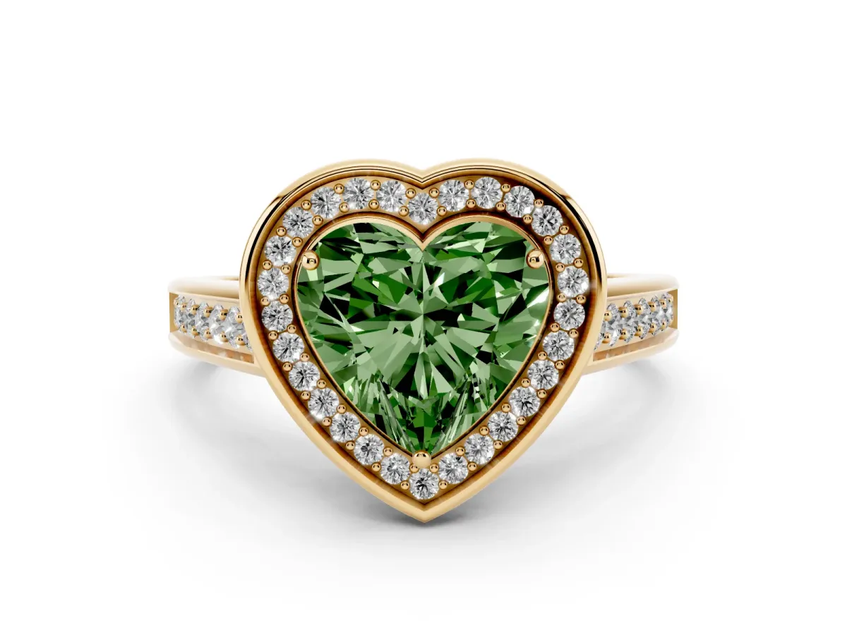 Fancy Green Heart Cut Halo Solitaire Diamond Ring with Pave Band and Bezel Setting Yellow gold