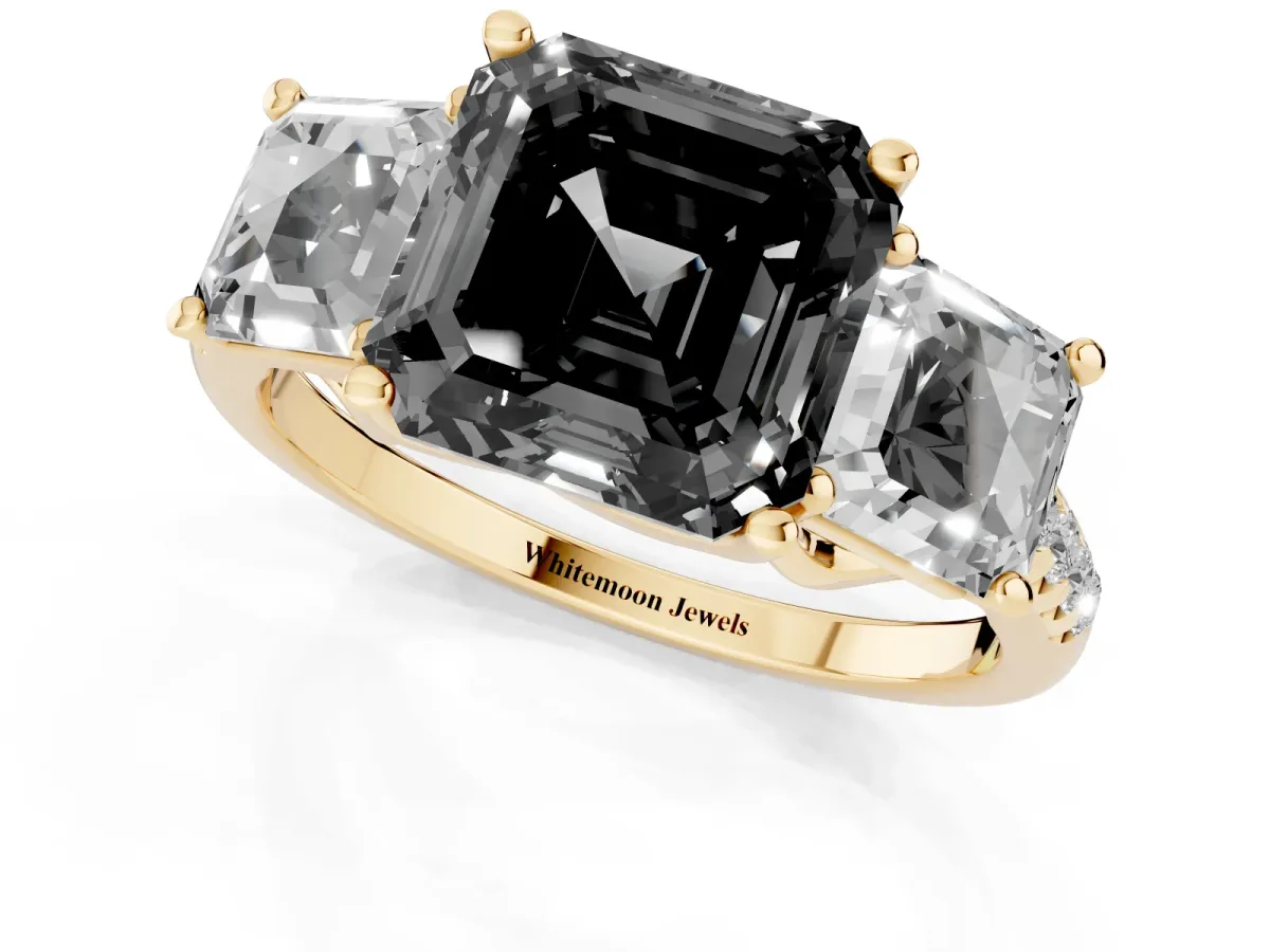 Fancy Black Three-Stone Asscher Cut Diamond Ring with Round Pavé Band and Prong Setting Yellow gold