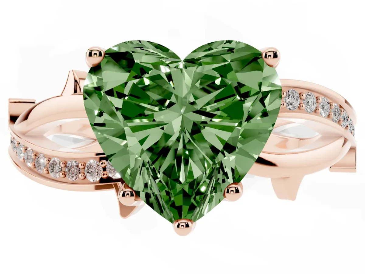 Fancy Green Heart Cut Solitaire Twist Band with Pavé Accents and Four-Prong Setting Rose gold