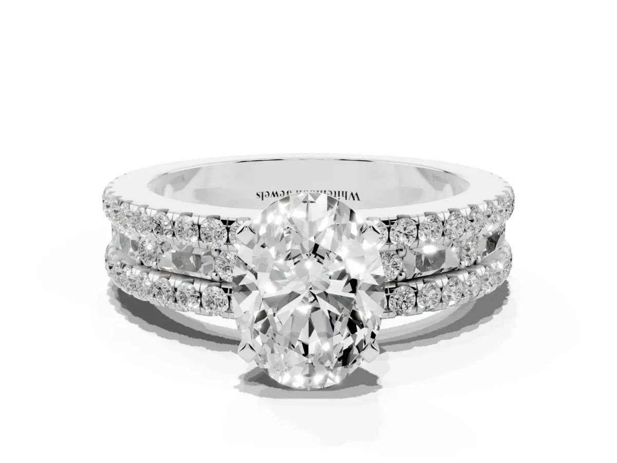 Oval Cut Diamond Solitaire Ring with Pavé and Channel Set Band Silver