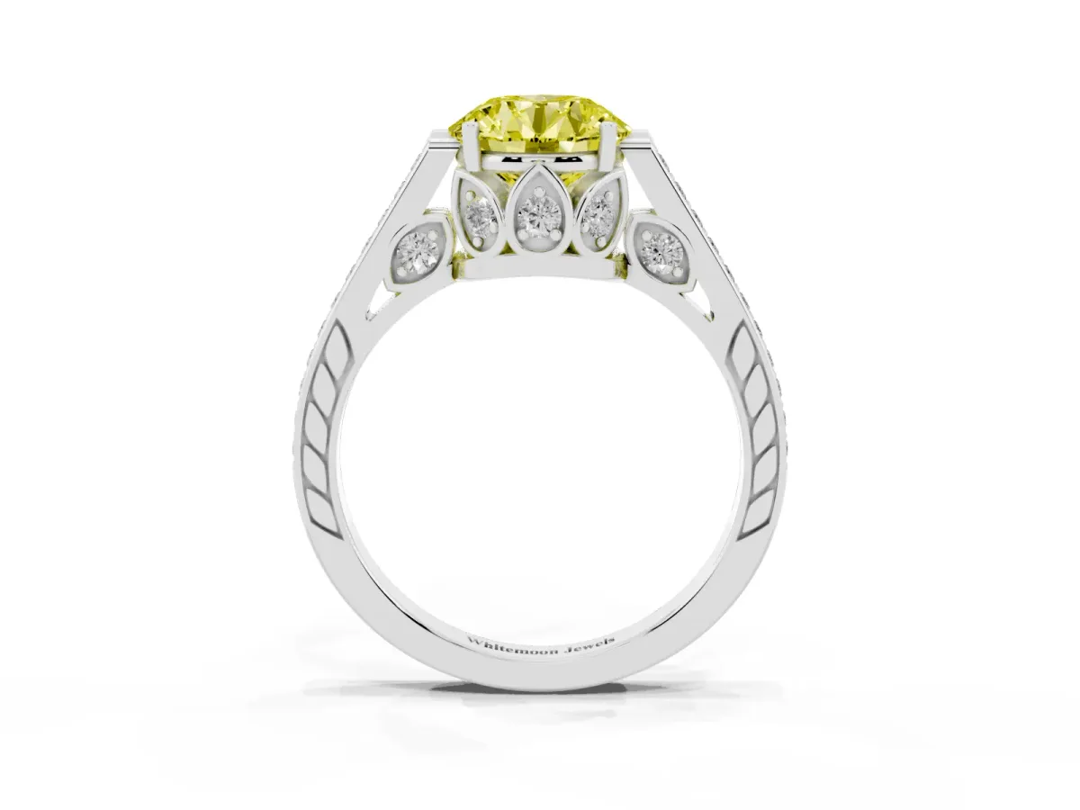 Fancy Yellow Round Cut Cut Cathedral Pave Diamond Engagement Ring with Six-Prong Setting Silver