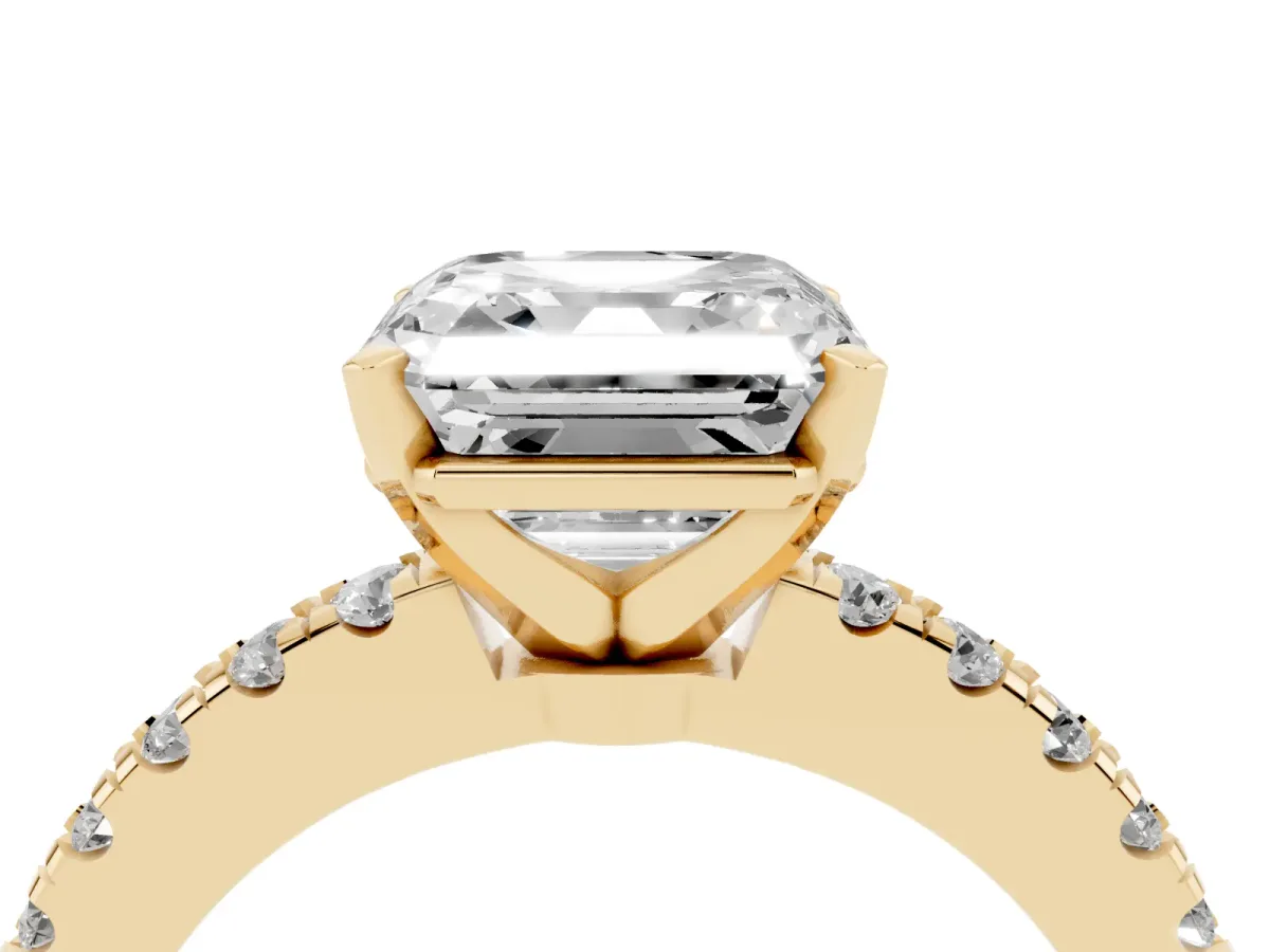 Asscher Cut Solitaire Diamond with Pavé Band and Four-Prong Setting Yellow gold
