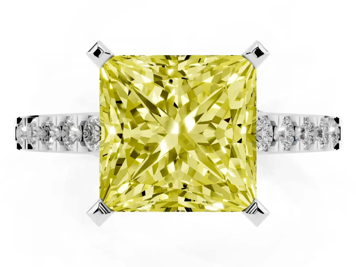 Fancy Yellow Princess Cut Diamond Solitaire Ring with Crossover Gallery and Round Pavé Band Silver