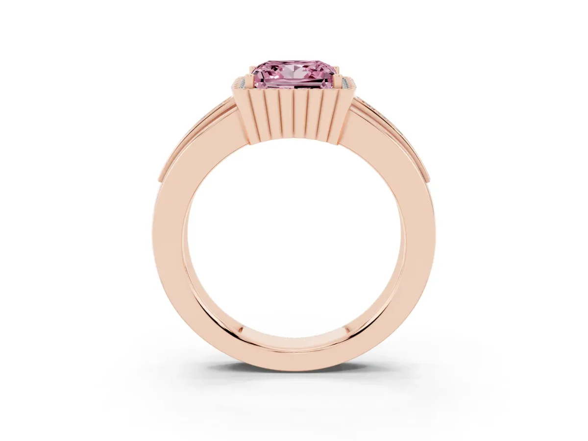 Fancy Pink Princess Cut Cut Halo Pave Band Four-Prong Ring Rose gold