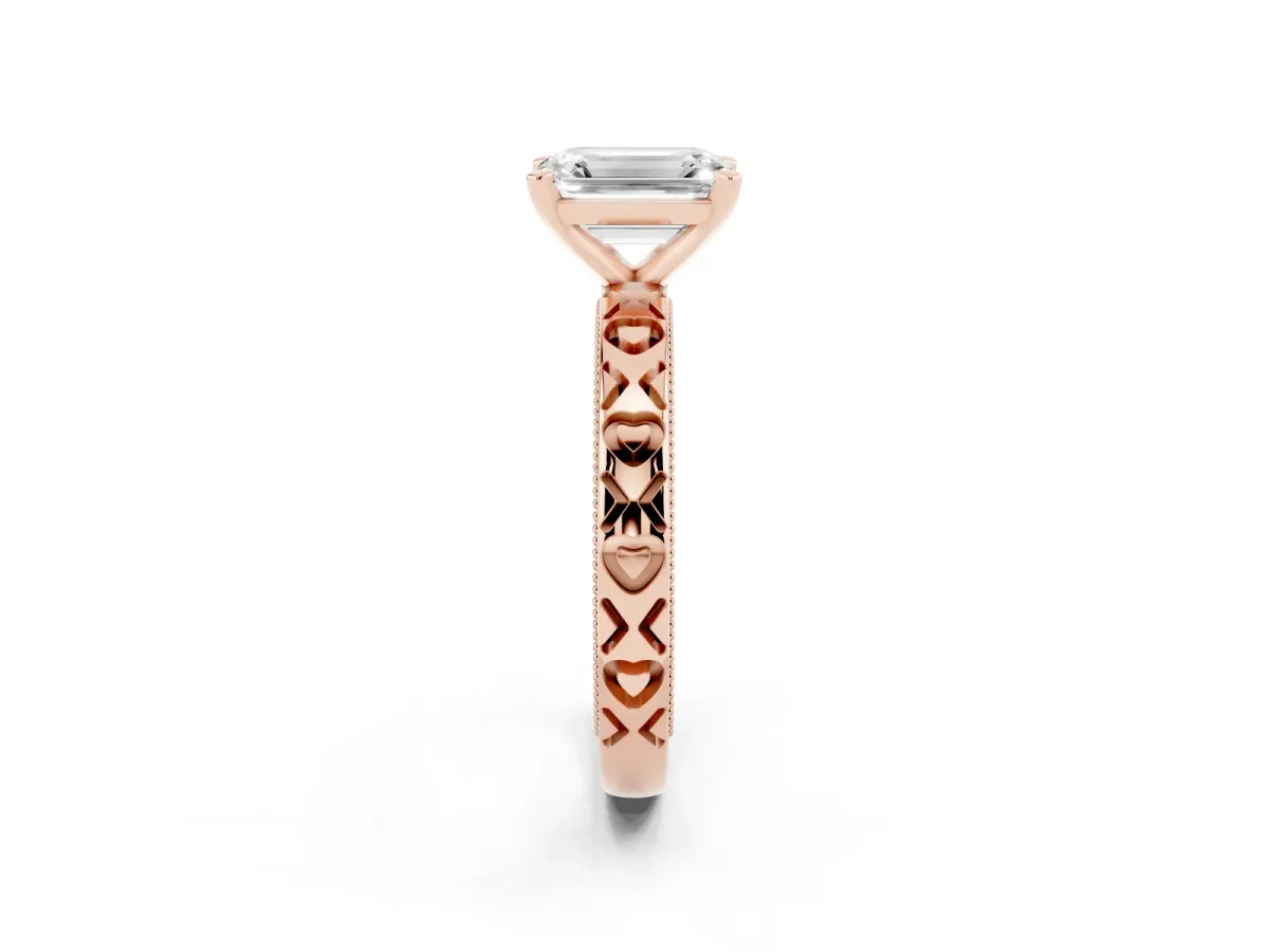 Emerald Cut Solitaire Diamond Engagement Ring with XO Engraved Band and Four-Prong Setting Rose gold