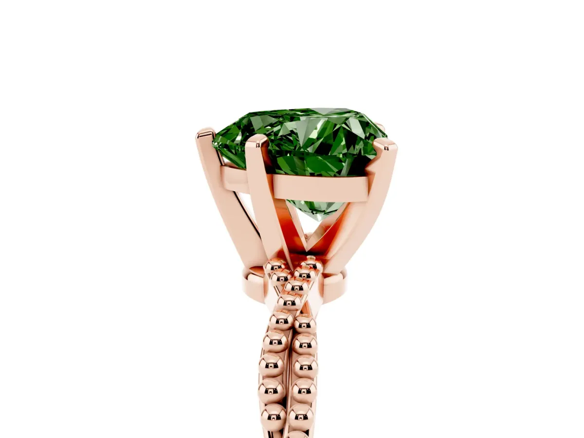 Fancy Green Heart Cut Solitaire Twisted Band with Bead Prong Setting Rose gold
