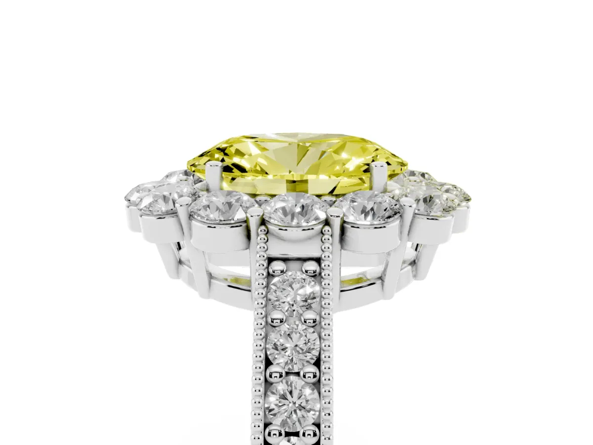 Fancy Yellow Oval Cut Cut Halo Diamond Pavé Engagement Ring with Milgrain Detailing Silver
