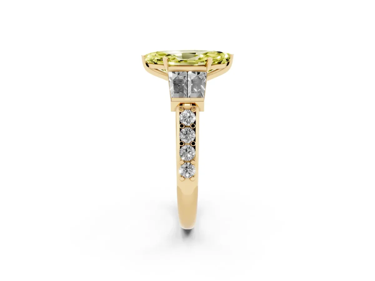 Fancy Yellow Marquise Cut Diamond Engagement Ring with Baguette Side Stones and Channel Set Band Yellow gold