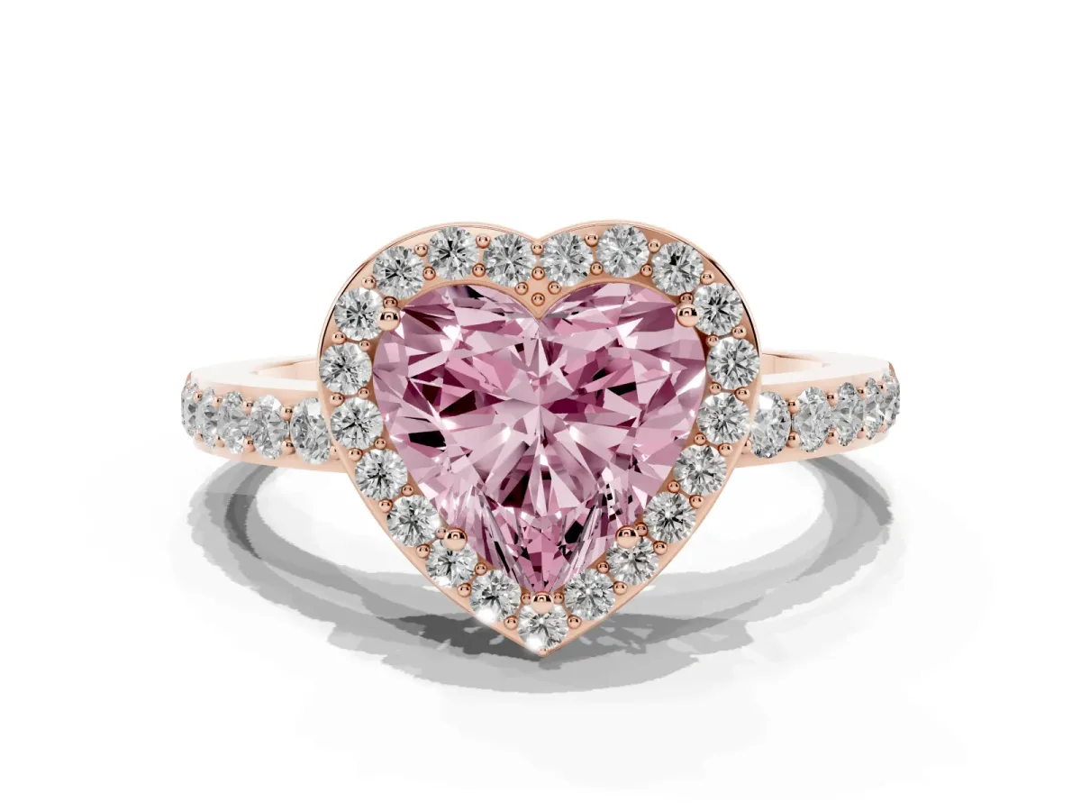 Fancy Pink Heart Cut Halo Diamond Pavé Band Ring with Prong Setting Rose gold