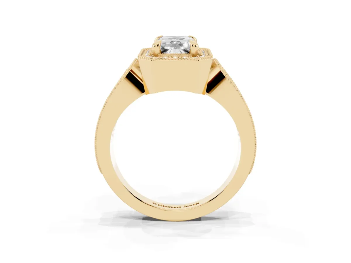 Emerald Cut Halo Split Shank Milgrain Diamond Ring Yellow gold