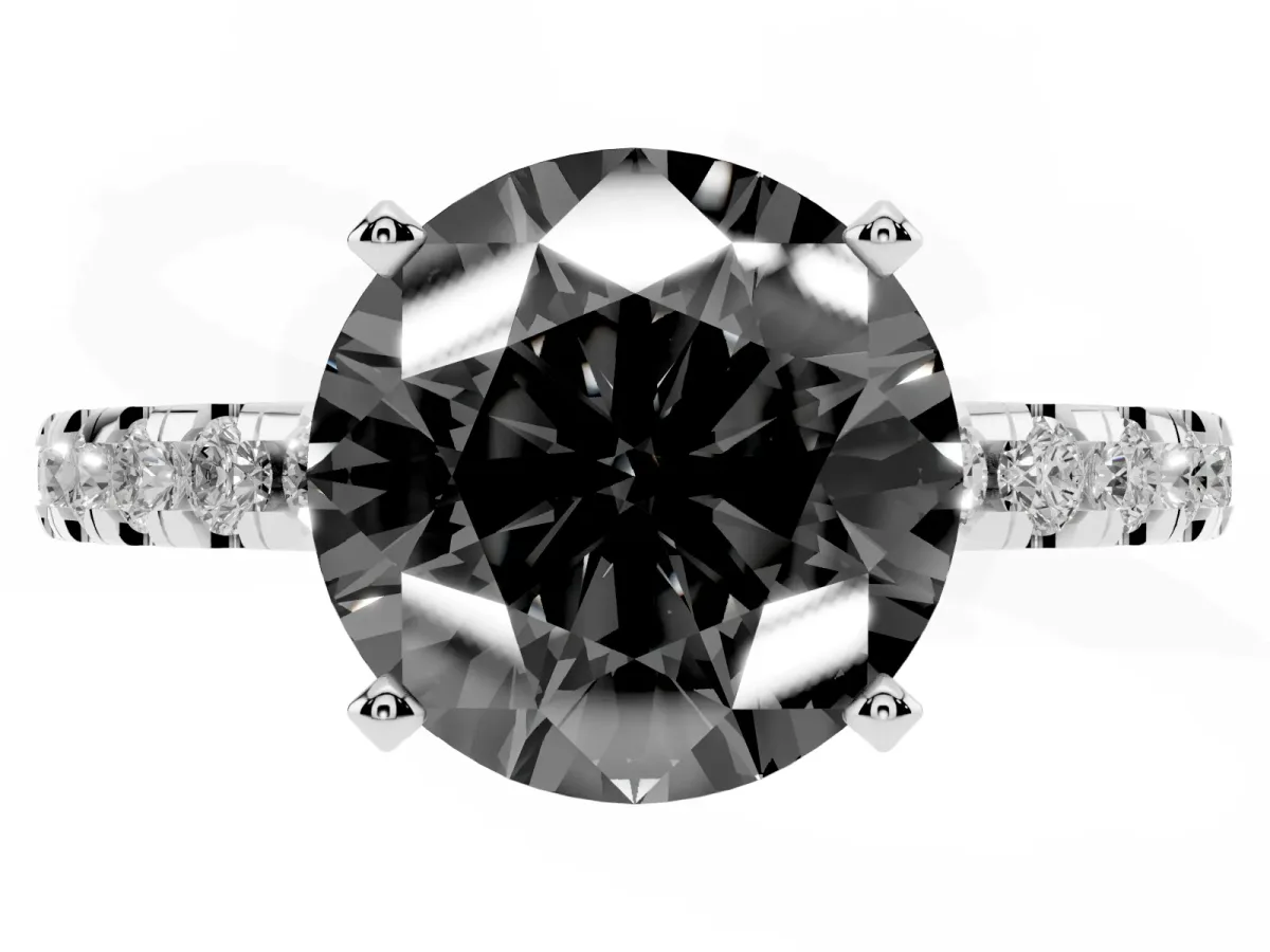 Fancy Black Round Cut Diamond Solitaire Ring with Round Pavé Band and Four-Prong Setting Silver