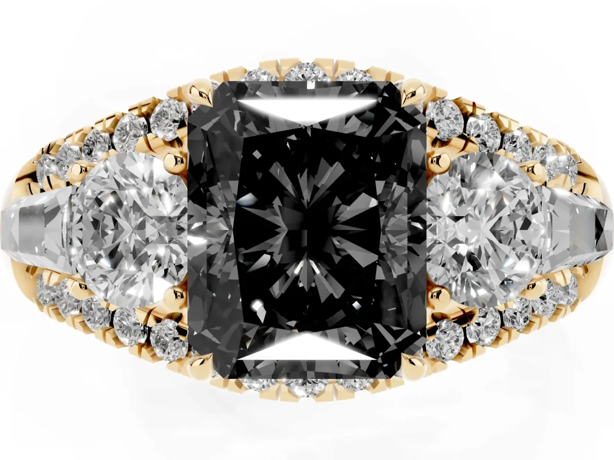 Fancy Black Three-Stone Radiant Cut Diamond Engagement Ring with Pave Band and Prong Setting Yellow gold