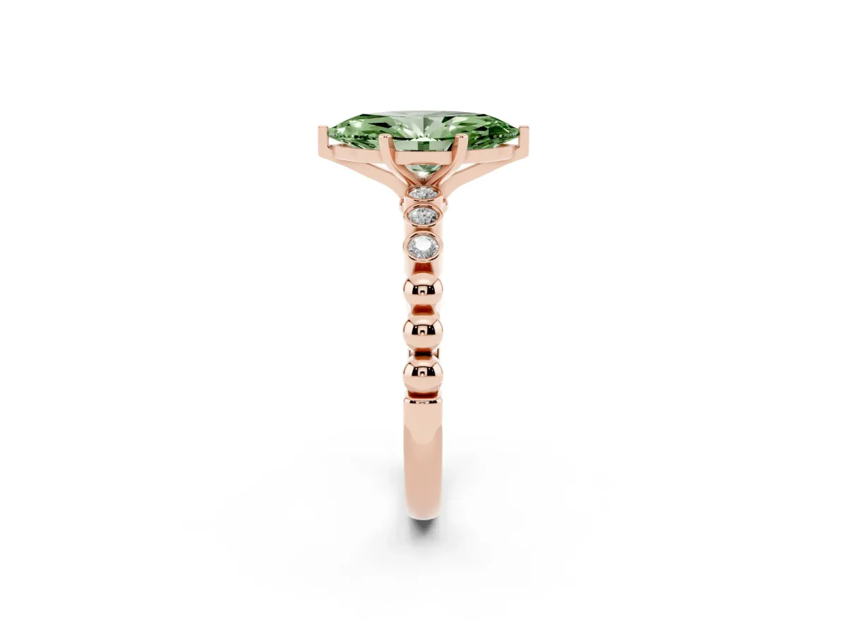 Fancy Green Marquise Cut Solitaire Bezel Accent Diamond Engagement Ring with Beaded Band and Four-Prong Setting Rose gold