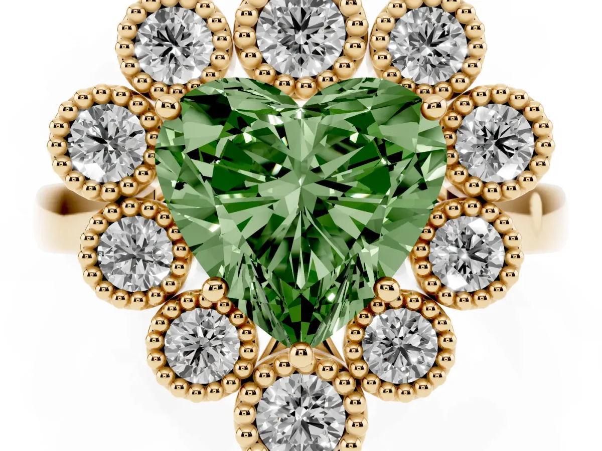 Fancy Green Heart Cut Halo Diamond Cluster Engagement Ring with Milgrain Bezel Setting and Solitaire Band Yellow gold