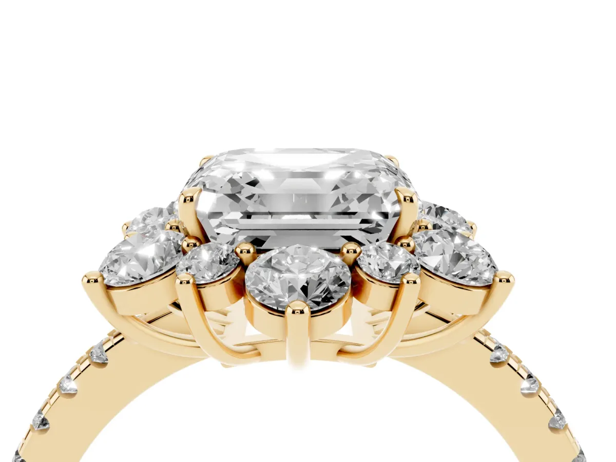 Asscher Cut Diamond Floral Halo Ring with Round Pavé Band and Prong Setting Yellow gold