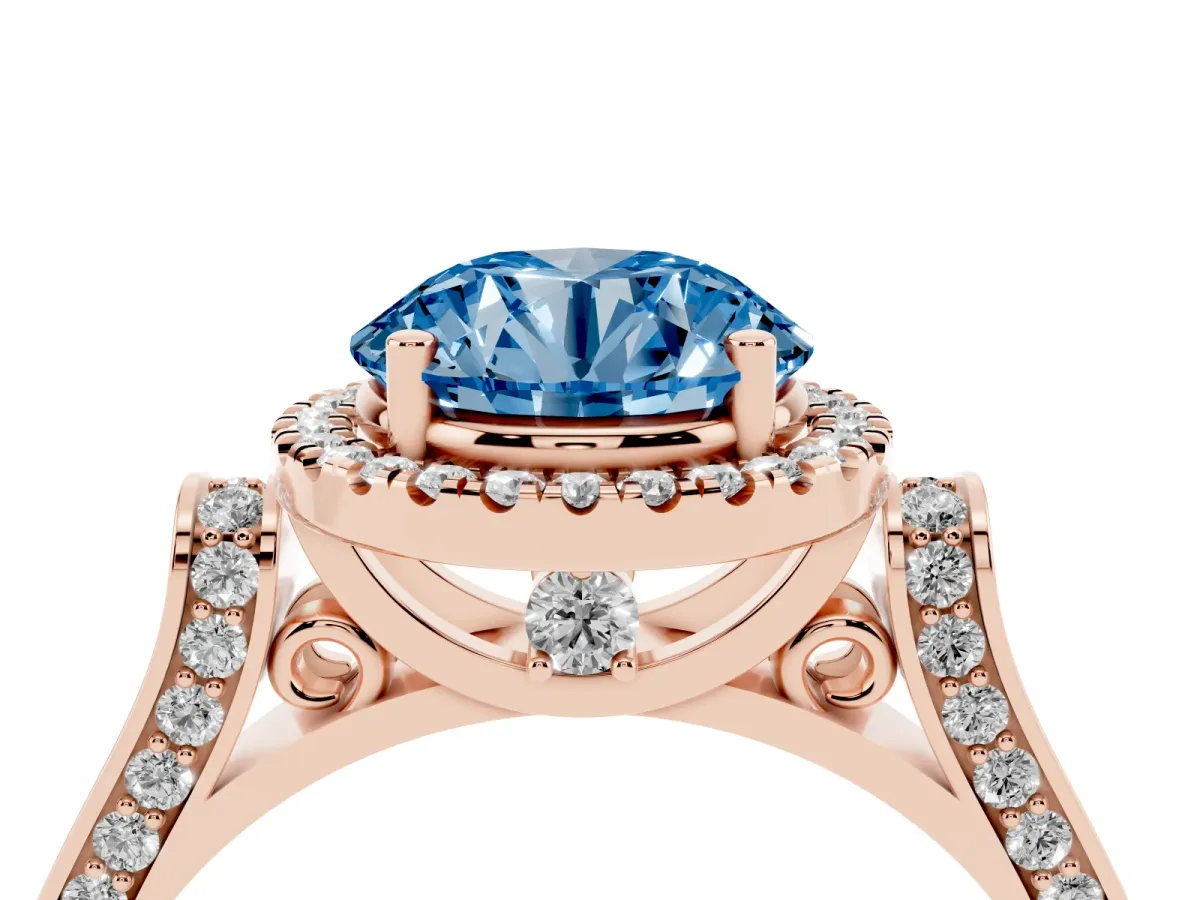 Fancy Blue Round Cut Halo Pave Split Shank Prong Setting Ring Rose gold