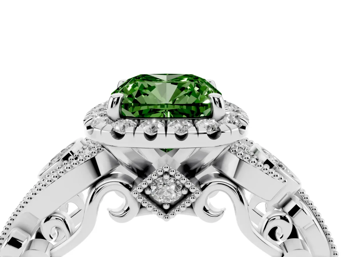 Fancy Green Cushion Cut Halo Diamond Ring with Milgrain and Bezel Accents on a Split Shank Band White gold
