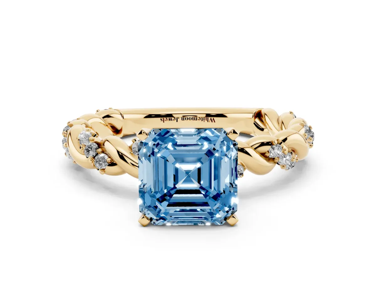 Fancy Blue Asscher Cut Diamond Solitaire Ring with Twisted Band and Pavé Accents Yellow gold