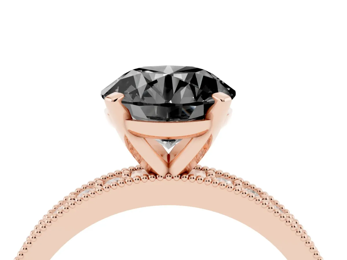 Fancy Black Round Cut Diamond Milgrain Pavé Engagement Ring with Four-Prong Setting Rose gold
