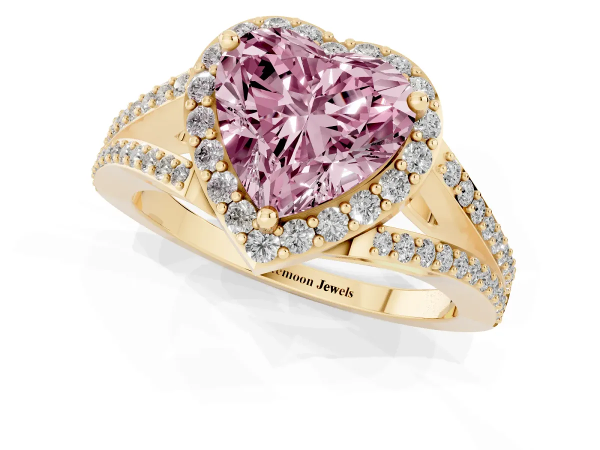Fancy Pink Heart Cut Halo Split Shank Pave Diamond Ring with Four-Prong Setting Yellow gold