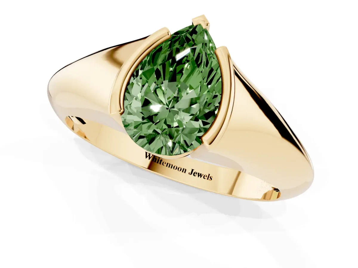 Fancy Green Pear Cut Solitaire Tension Set Diamond Ring Yellow gold