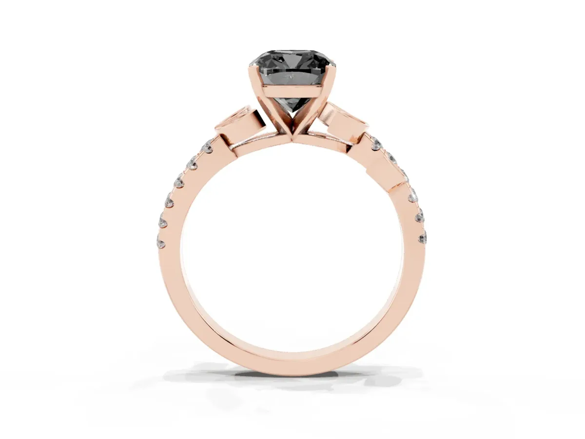 Fancy Black Cushion Cut Solitaire Leaf-Inspired Diamond Ring with Pavé Band and Four-Prong Setting Rose gold