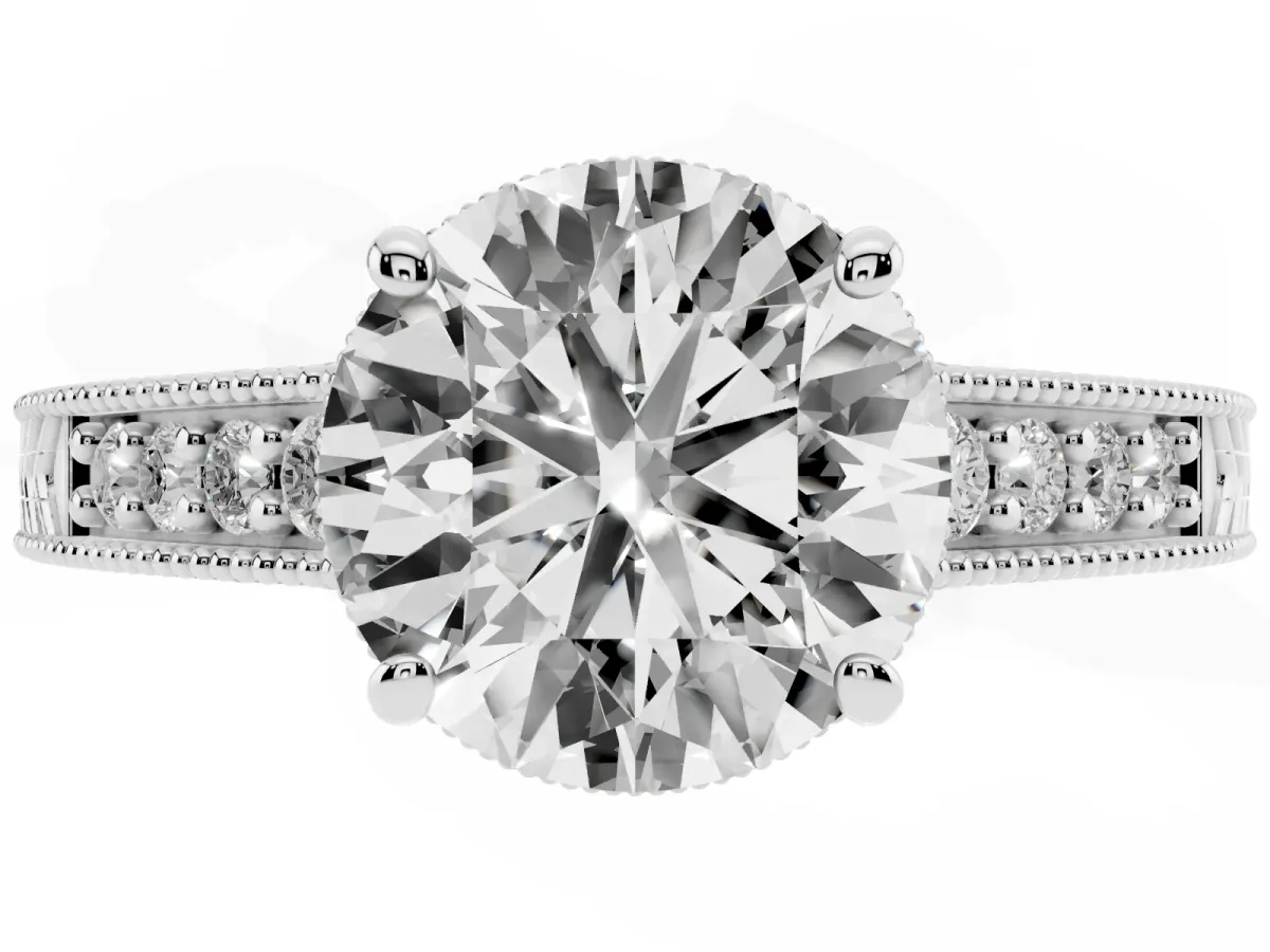 Round Cut Solitaire Pavé Diamond Milgrain Engagement Ring with Four-Prong Setting Silver