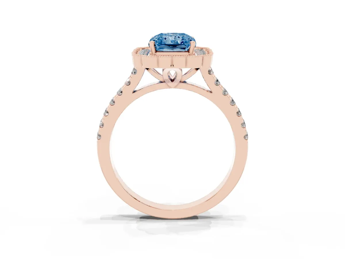 Fancy Blue Radiant Cut Cut Diamond Milgrain Floral Halo Engagement Ring with Pavé Band Rose gold